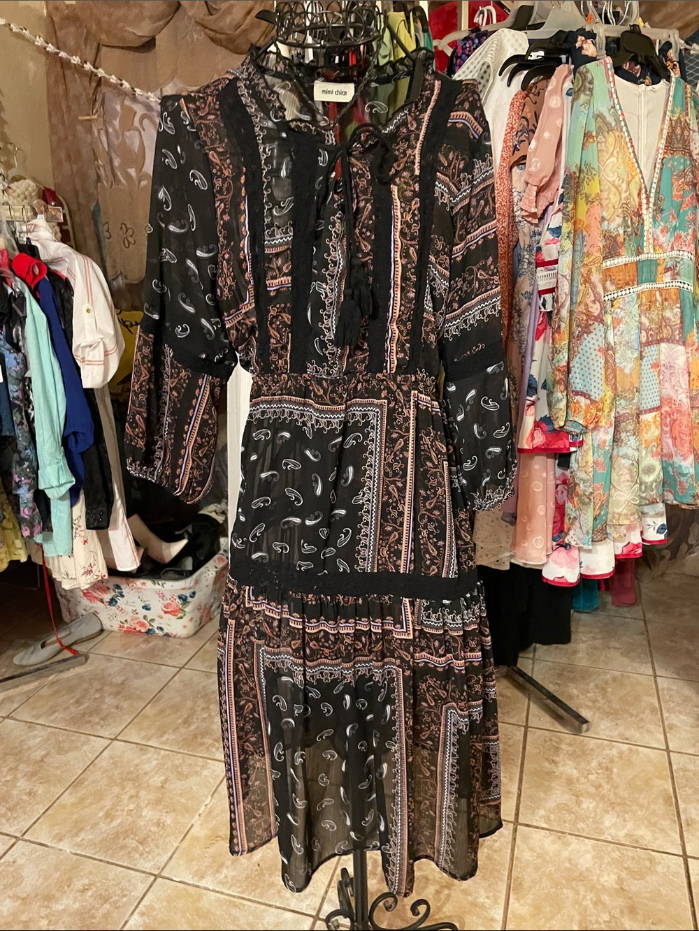 Mimi Chica Black Paisley Midi Dress with Pink Accents